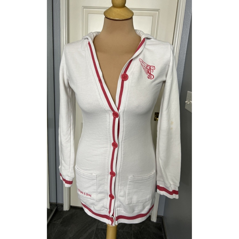 Triple Five Soul Button Up Cardigan Hoodie White Pink Varsity Y2K Retro